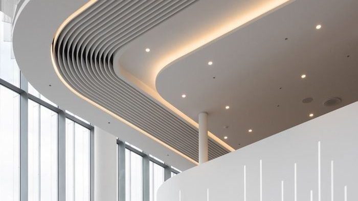 Hall d'accueil avec faux plafond courbe à LED