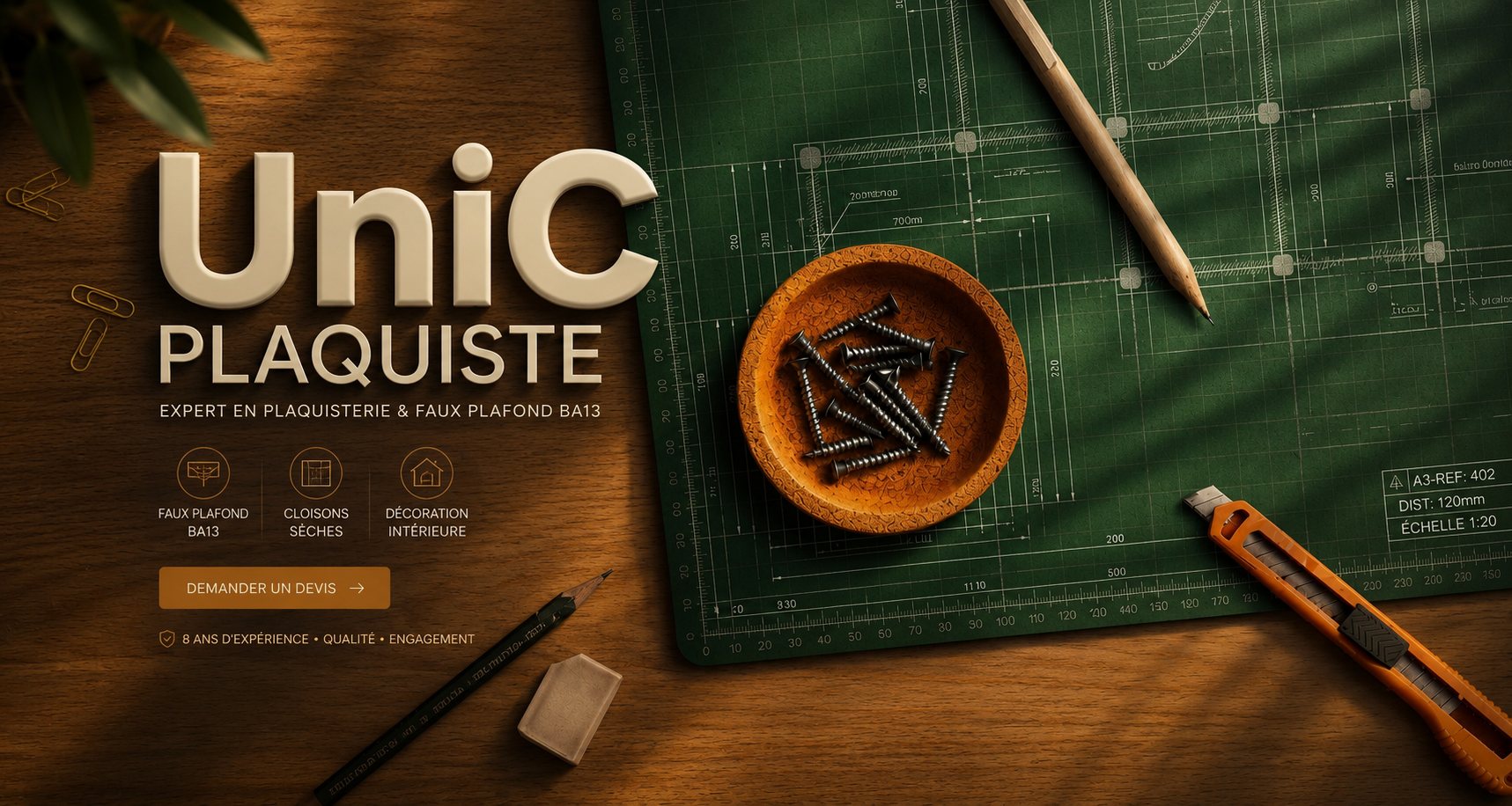 Établi UniC Plaquiste : plan de cloison, bol de vis, cutter et mètre